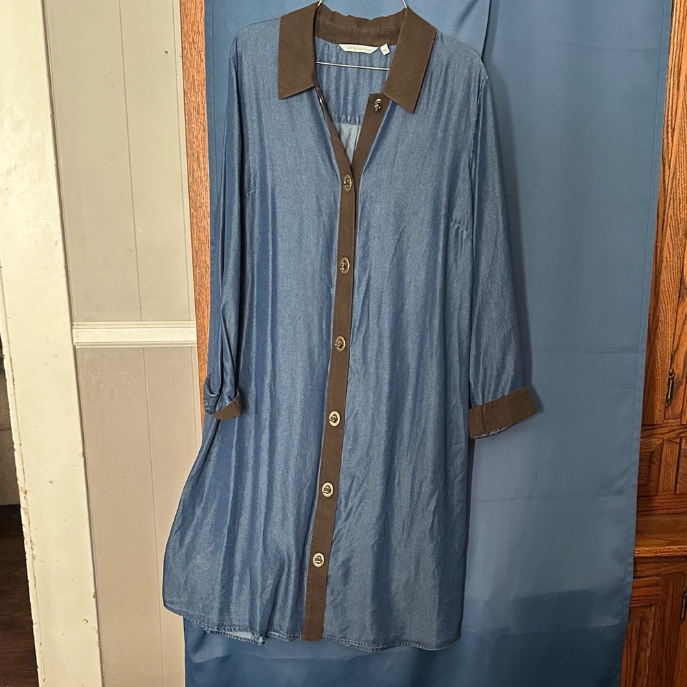 Soft Surroundings Denim Dress with Brown Trim